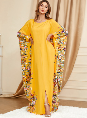 中东阿拉伯服饰黄色蝙蝠袖宽松时尚大码连衣裙迪拜旅游长袍 robe