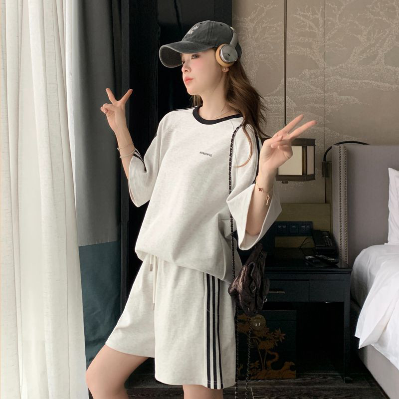 纯棉休闲运动服套装女夏季学生宽松韩版时尚短袖短裤跑步两件套潮