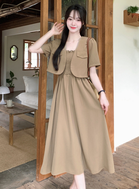 短袖百搭小外套+显瘦吊带裙子两件套夏季大码时尚洋气套装连衣裙