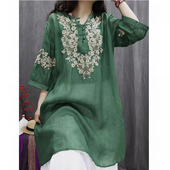 春夏复古棉麻重工刺绣文艺百搭V领上衣宽松洋气中长款 裙 休闲衬衫