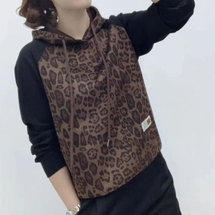卫衣女豹纹拼接新款 妈妈装 连帽显瘦减龄时尚 时尚 休闲遮肉长袖 秋季