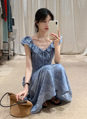 韩系蓝色显白小飞袖系带印花连衣裙女时尚夏季新款修身显瘦裙子女