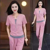 阔腿裤 休闲运动服套装 洋气减龄假两件短袖 新款 两件套 女士夏季