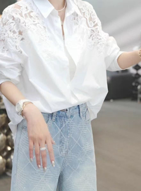 钩花镂空白色翻领衬衫女春季薄款衬衣大码设计感新款爆款长袖上衣