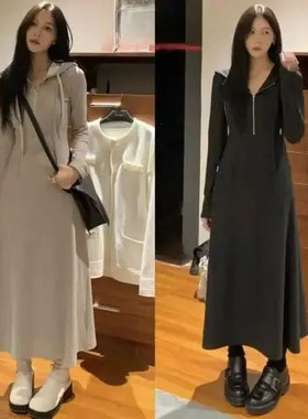 韩版简约高个子长款连帽卫衣裙
