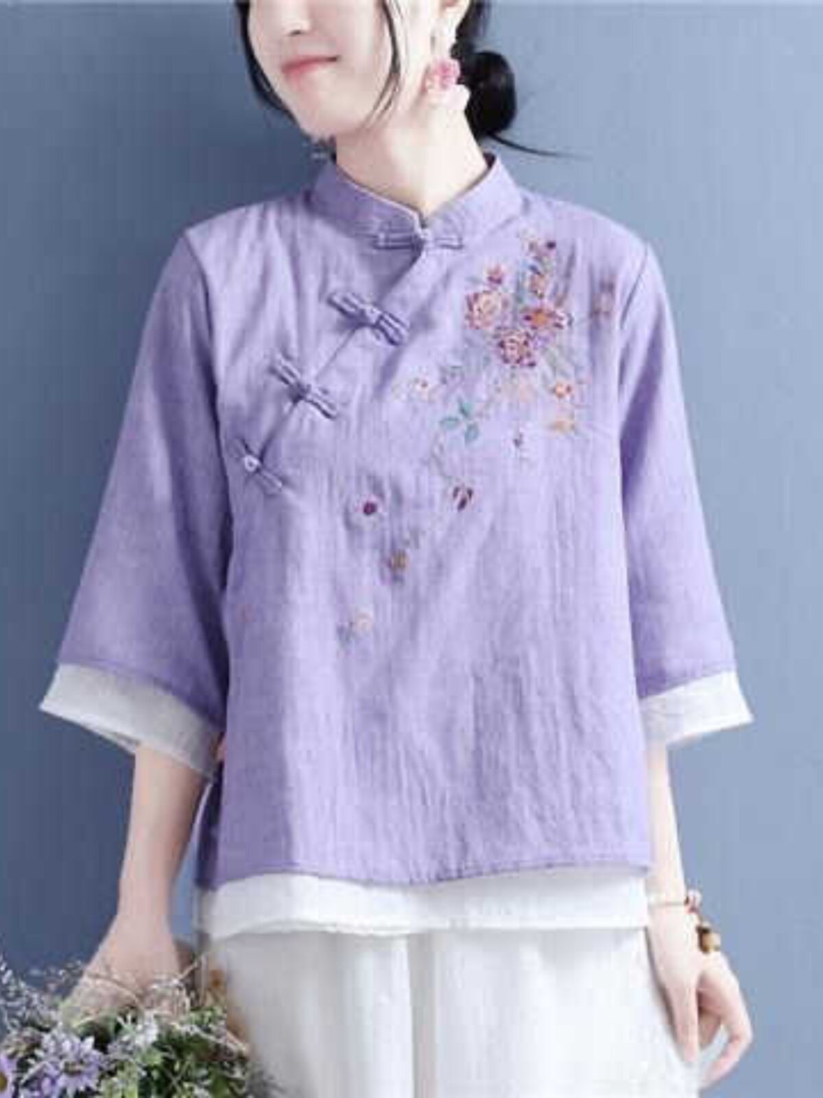 CHINESE RETRO EMBROIDERED COTTON AND LINEN SHIRT PLACKET 2024 DISC BUCKLE NEW CROPPED TOP CHINESE STAND-UP COLLAR TEA DRESS