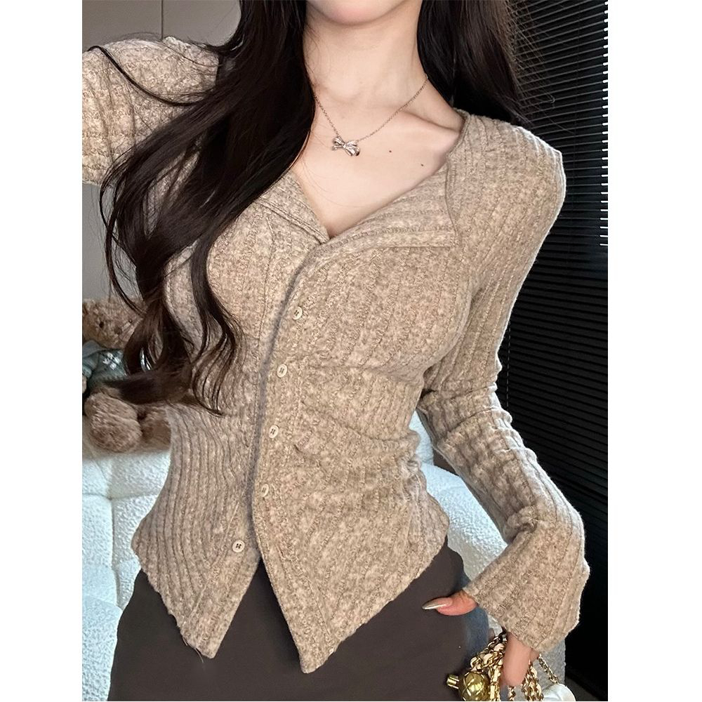 纯欲风翻领长袖毛针织开衫女