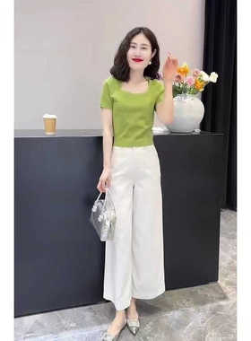 2026今年流行小香风绿色方领正肩短袖t恤女休闲阔腿裤两件套夏装