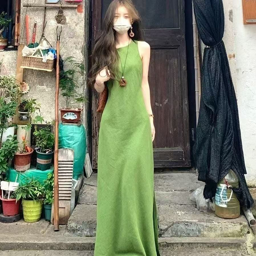 法式气质无袖绿色亚麻连衣裙