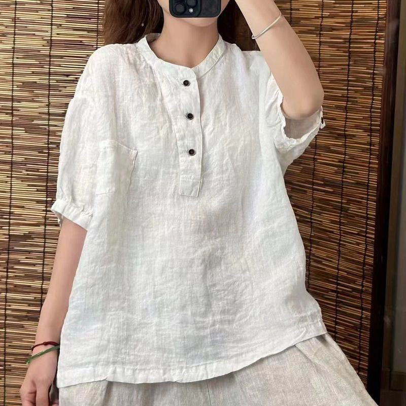 文艺百搭亚麻衬衫女夏季宽松休闲显瘦短袖薄款棉麻T恤上衣