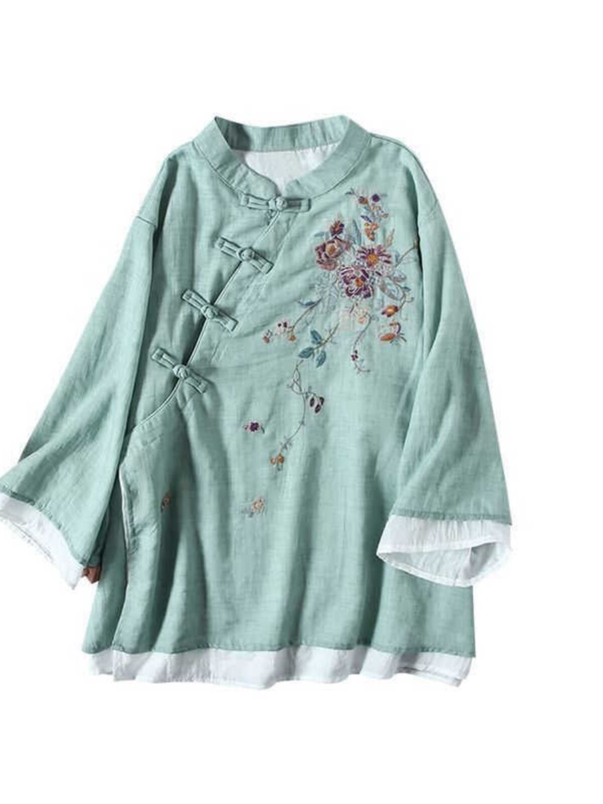 CHINESE RETRO EMBROIDERED COTTON AND LINEN SHIRT PLACKET 2024 DISC BUCKLE NEW CROPPED TOP CHINESE STAND-UP COLLAR TEA DRESS