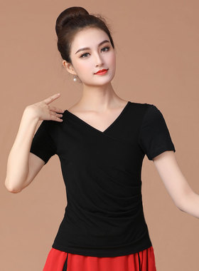 新款广场舞新款上衣女莫代尔单件跳舞服装练功服黑色长袖中老年舞