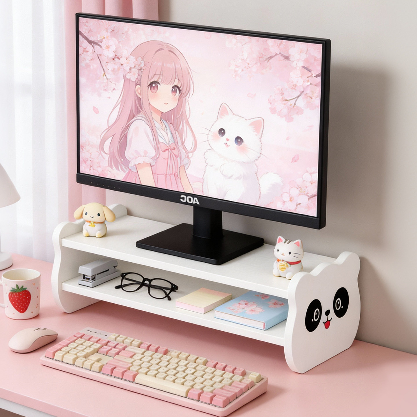 熊猫头电脑增高架可爱置物架显示器增高架带抽屉桌面收纳置物架