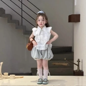 设计感花苞衬衣法式 女宝夏款 尖领别致上衣 衬衫 女童蕾丝拼接小飞袖