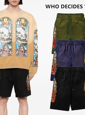 Who Decides War Flame Glass Shorts美式火焰印花复古宽松短裤男