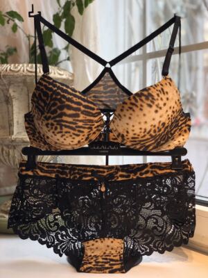 韩国豹纹前扣集中加厚文胸套装
