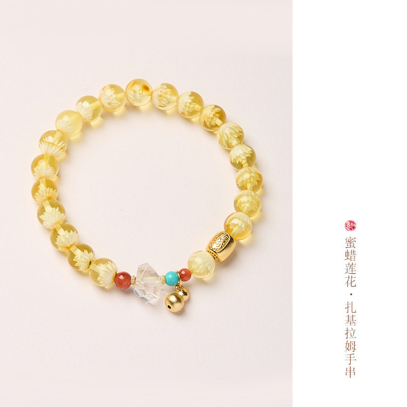 寺庙同款天然蜜蜡手串金满仓莲花金箔珠扎基拉姆单圈高级感手串