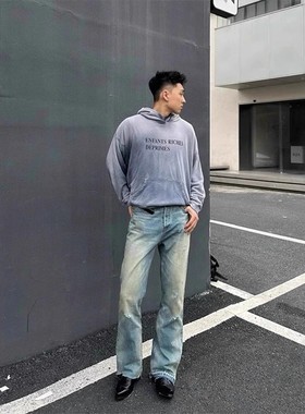 ERD忧郁的富二代25ss破洞做旧灼烧微喇水洗蓝宽松直筒复古牛仔裤