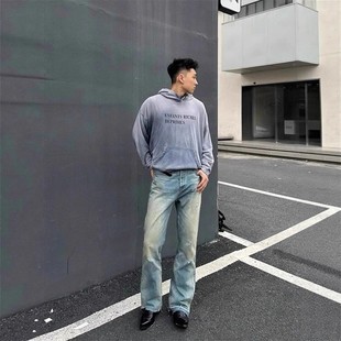 ERD忧郁的富二代25ss破洞做旧灼烧微喇水洗蓝宽松直筒复古牛仔裤