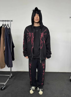 THUG CLUB重磅龙骨恶魔印花铆钉做旧宽松长袖拉链连帽衫卫衣外套