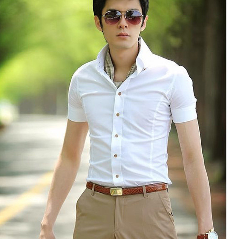 韩版修身纯色短袖衬衫男时尚收腰大高领夏季白色商务休闲免烫衬衣