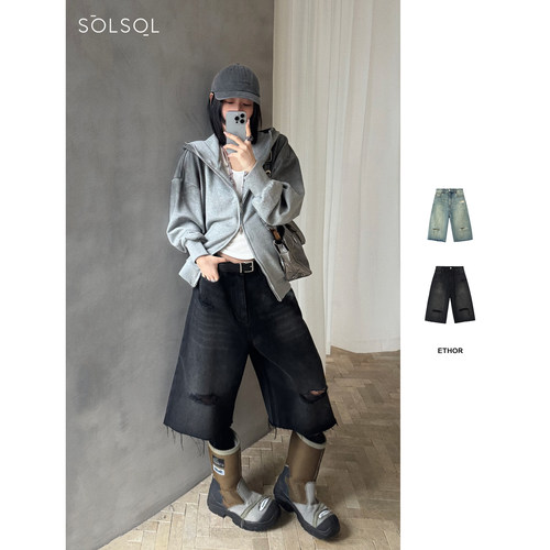 ETHOR 25早春新品 设计师品牌 水洗做旧破洞牛仔短裤SOLSOL买手店