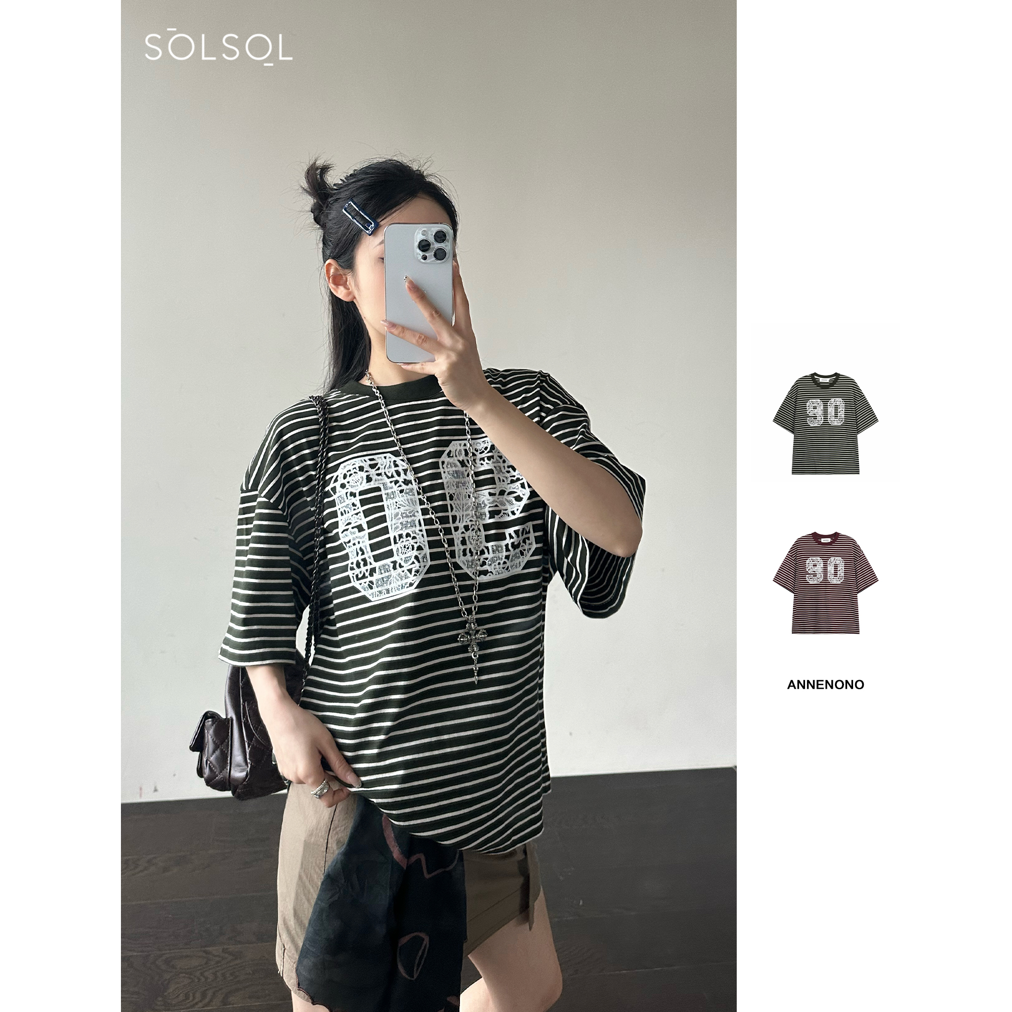 ANNENONO设计师品牌25夏90蕾丝图案数字印花条纹T恤SOLSOL买手店