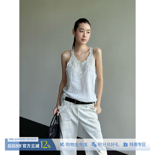 ETHOR简约亚麻蕾丝拼接上衣背心
