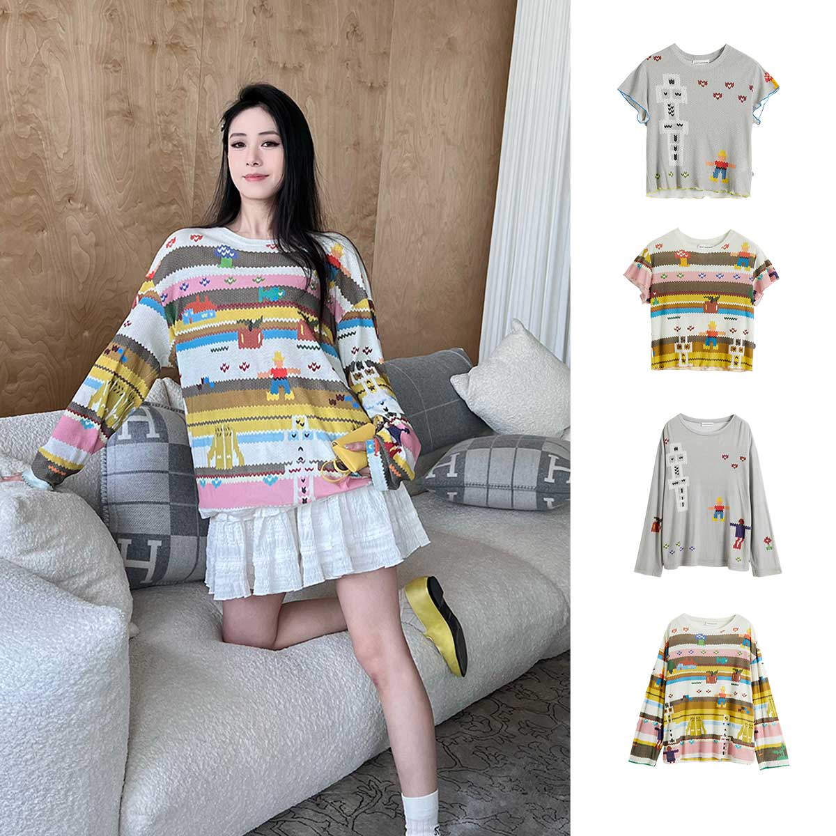 SHORT SENTENCE  25春夏 仿毛衣印花宽松长袖短袖T恤SOLSOL买手店