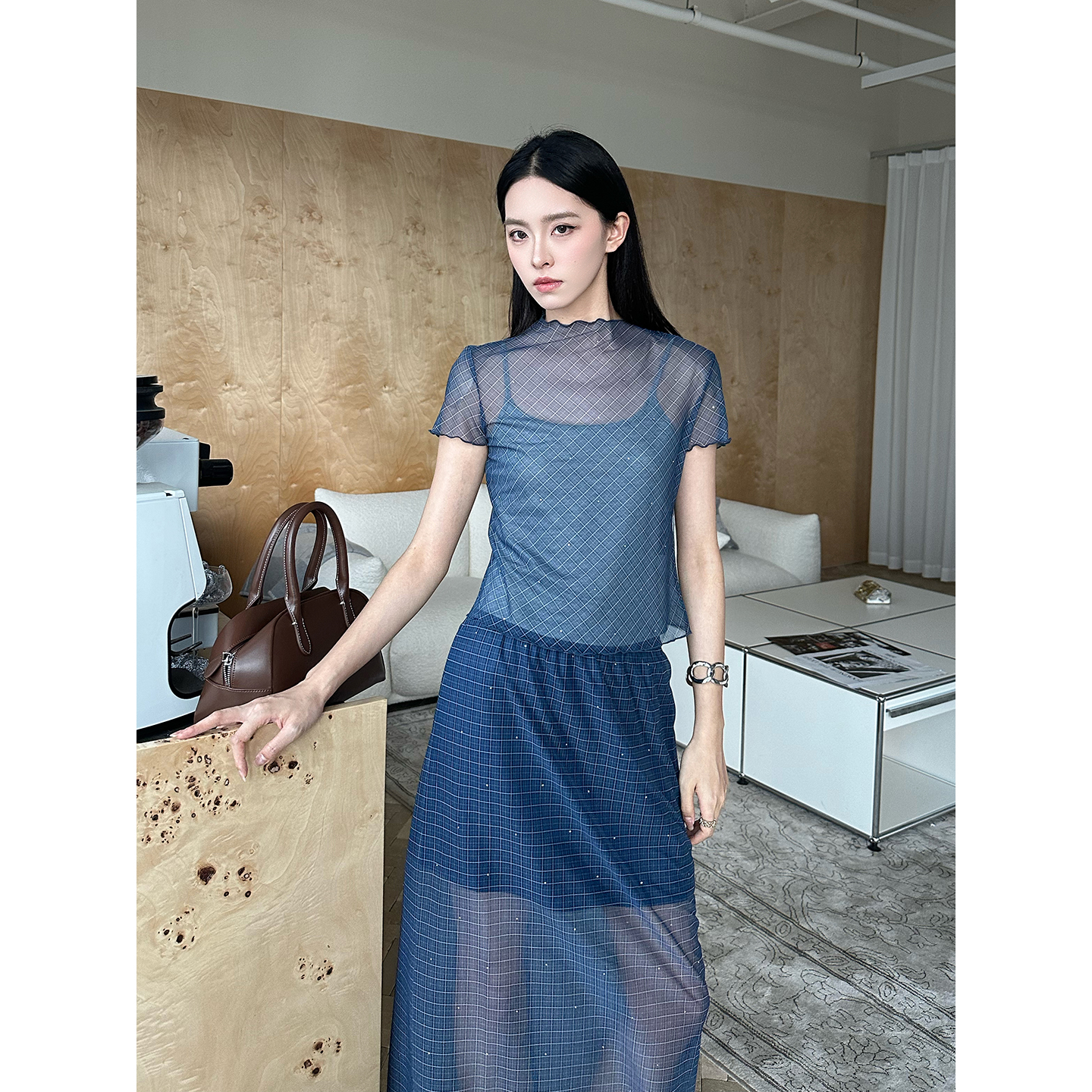ANNENONO  25早秋新品两件套短袖T恤/蓝色格纹长半裙SOLSOL买手店