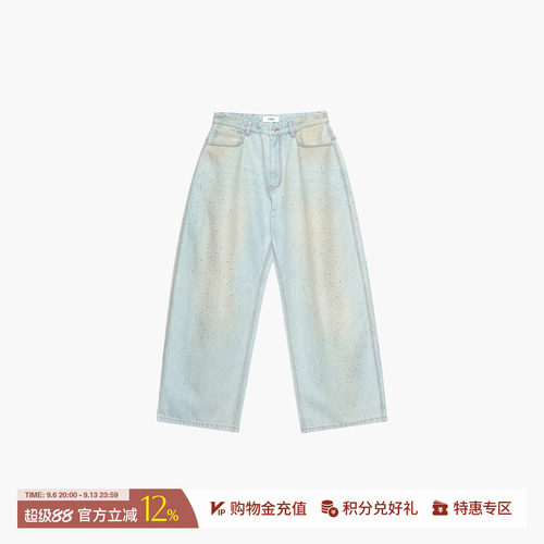 ETHOR简约烫钻水洗做旧牛仔长裤