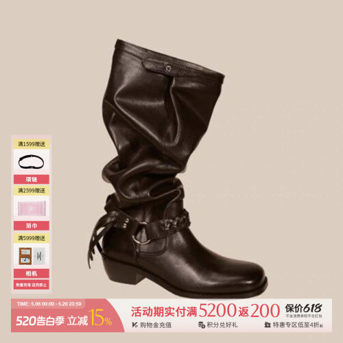 ORINOUS秋冬休闲绑带褶皱长靴女