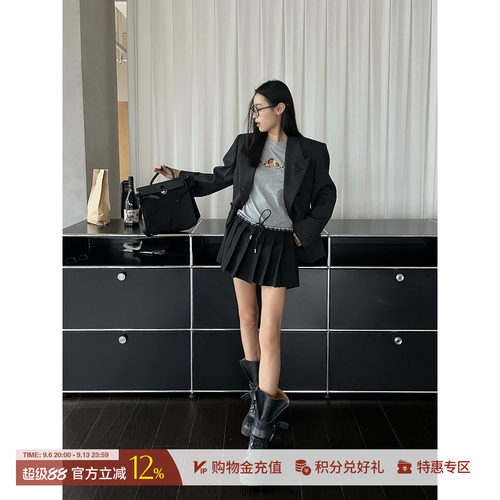ETHOR秋冬女士羊毛系带拼接短裙