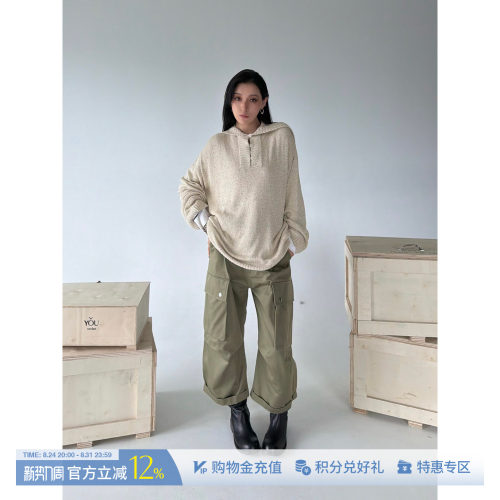 ETHOR绿色褶裥多口袋工装中裤