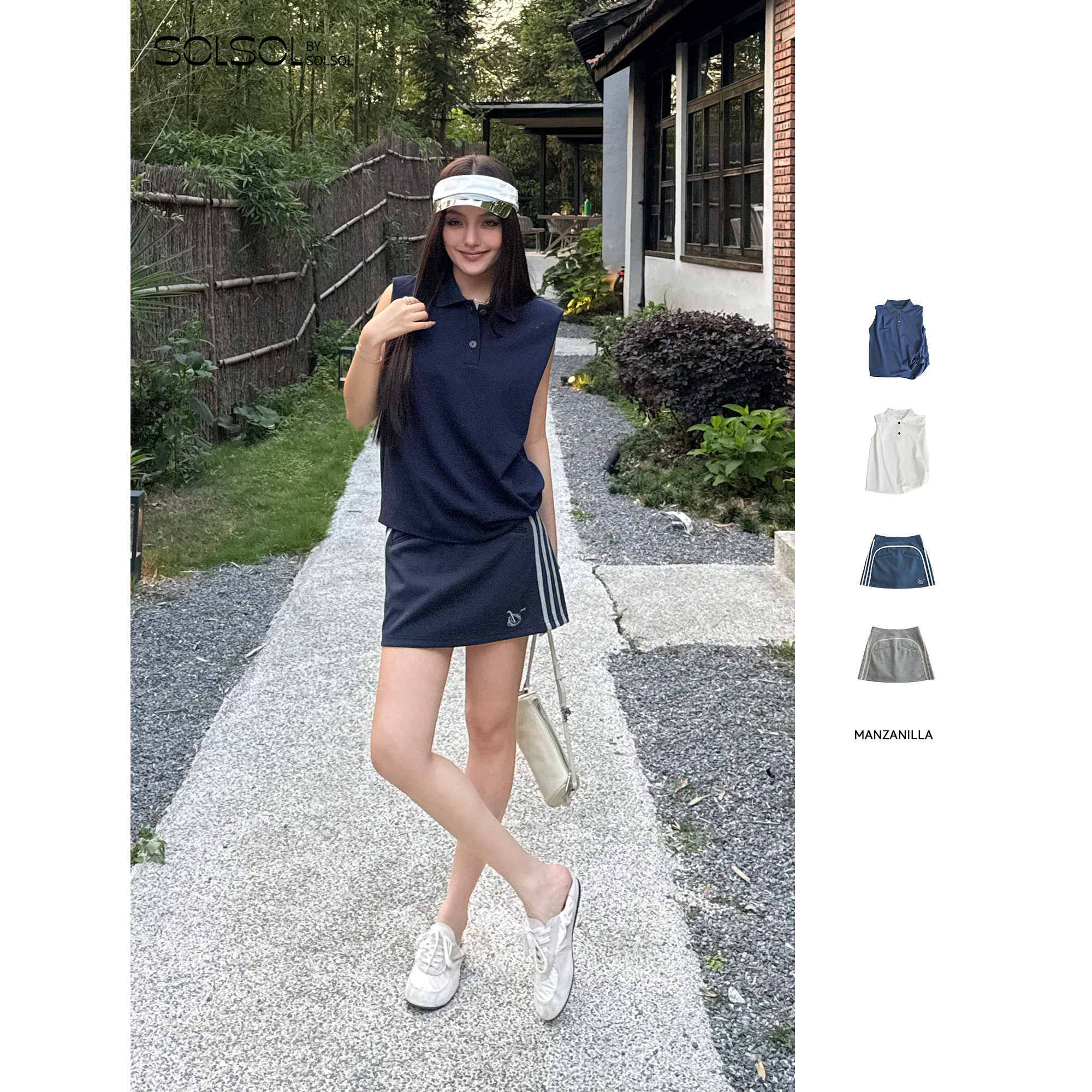MANZANILLA 26夏季新款polo领扭结无袖T恤背心/半身裙 SOLSOL - 实物图