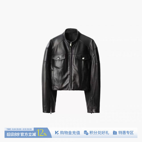 ETHOR黑色羊皮机车夹克外套