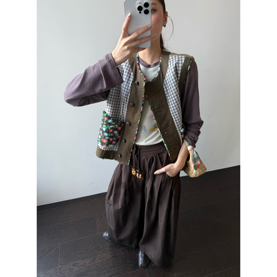 AUBRUINO秋冬格纹拼接双面马甲女