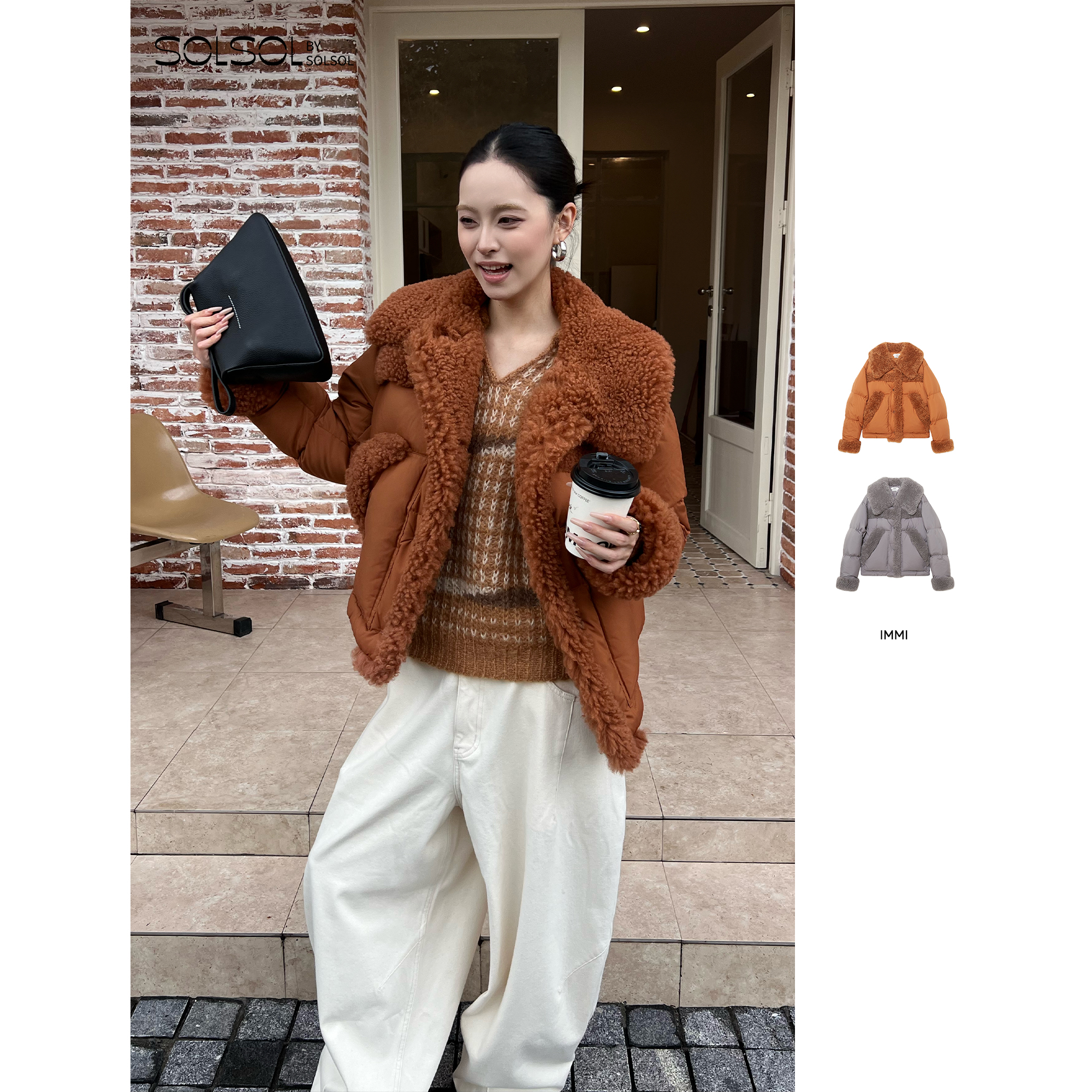 IMMI 25秋冬新品布面拼羊羔毛翻领短羽绒夹克外套SOLSOL买手店