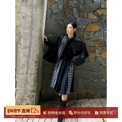 ETHOR女士休闲格纹拼接百褶半裙