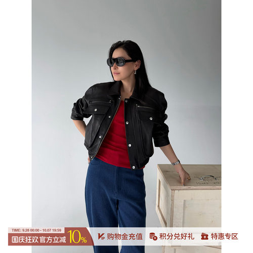 ETHOR大口袋翻领皮衣短外套