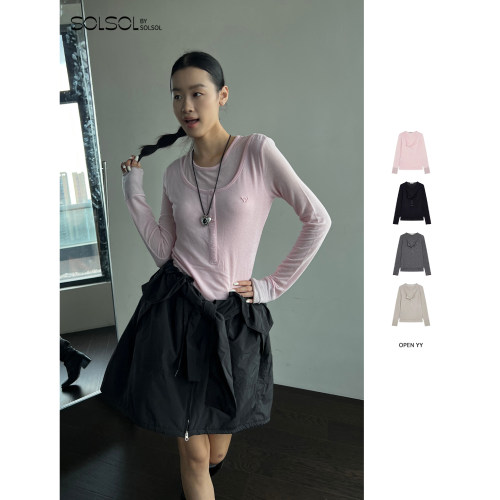 OPENYY假两件圆领纽扣长袖T恤女