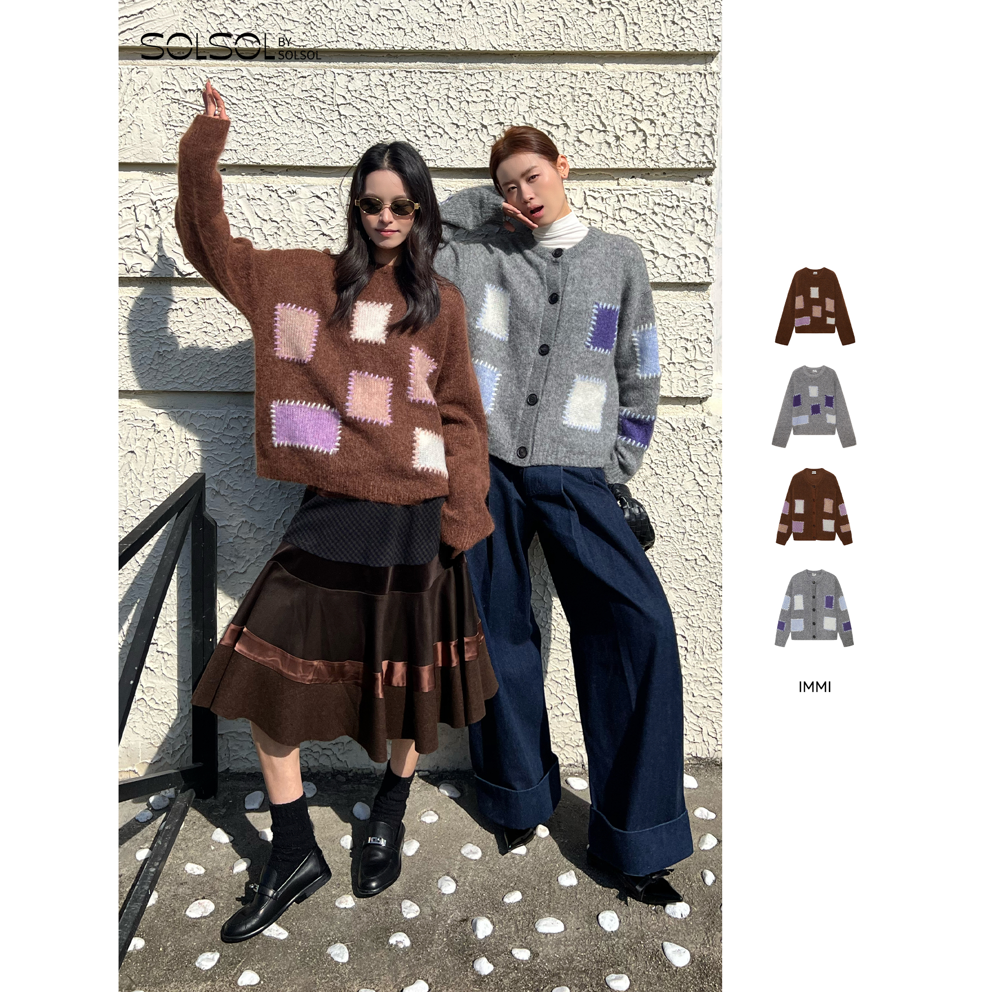 IMMI 25秋冬新品马海毛方格装饰圆领针织开衫/套头毛衣SOLSOL