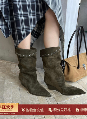 LOST IN ECHO 25秋冬波西米亚流苏烫钻骑士短靴/堆褶烫钻西部靴