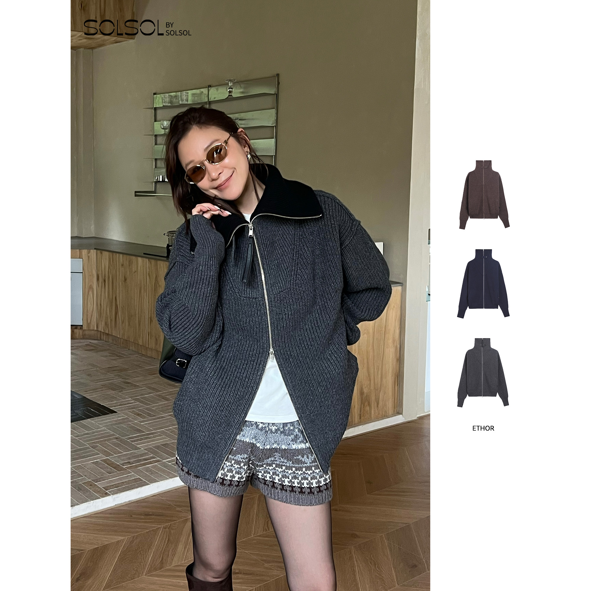 ETHOR秋冬折叠领拉链开衫毛衣女