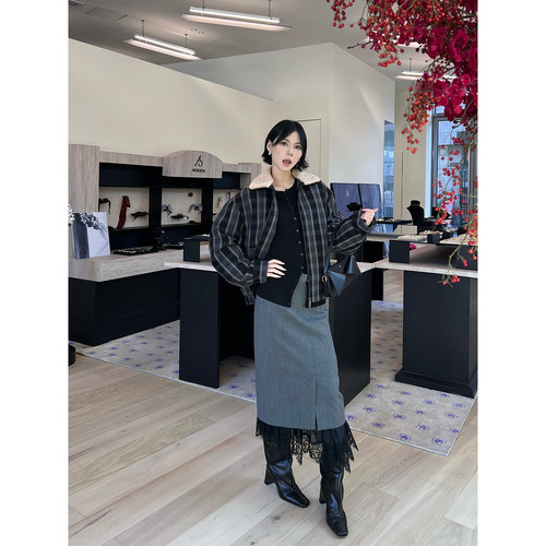 【特价款现货】ETHOR设计师品牌24秋冬新款蕾丝拼接双层半裙