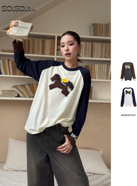 MOMENTPLAY 26早春新品复古撞色’马上有钱’刺绣长袖T SOLSOL