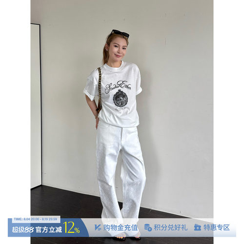 ETHOR简约植绒印花直筒牛仔长裤