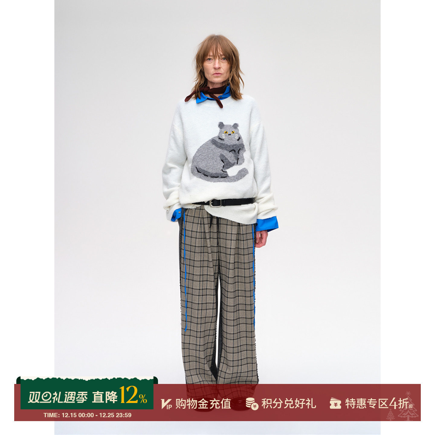 SHORTSENTENCE格纹褶裥直筒长裤