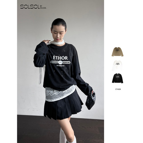 ETHOR秋冬女士纯棉做旧烫钻长袖