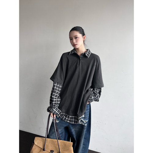 ETHOR女士休闲格子拼接长袖上衣